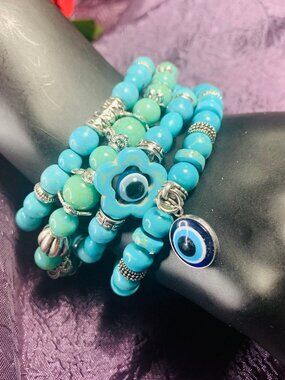 Evil Eye Charm, Heishi Turquoise, Magnesite, Howlite & Pewter Bracelet Set